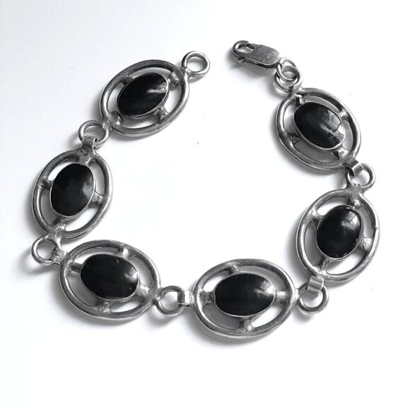 Vintage Handmade Sterling Silver Black Onyx Round Link Segment Bracelet 7.5" - Picture 1 of 5